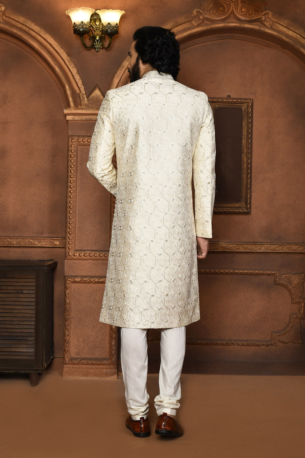 Off White Colour Art Silk Fabric With Embroidered Sherwani