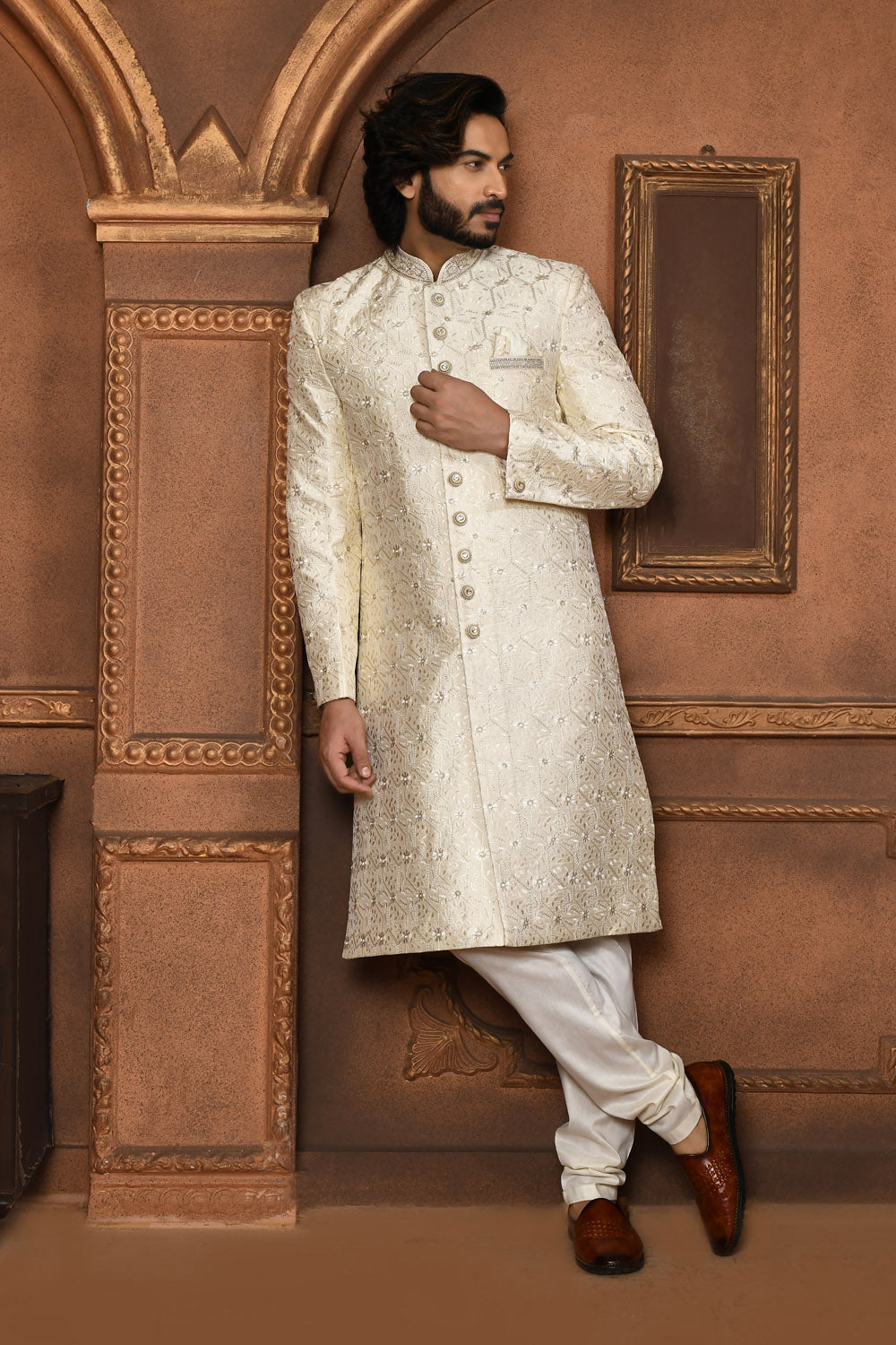 Off White Colour Art Silk Fabric With Embroidered Sherwani