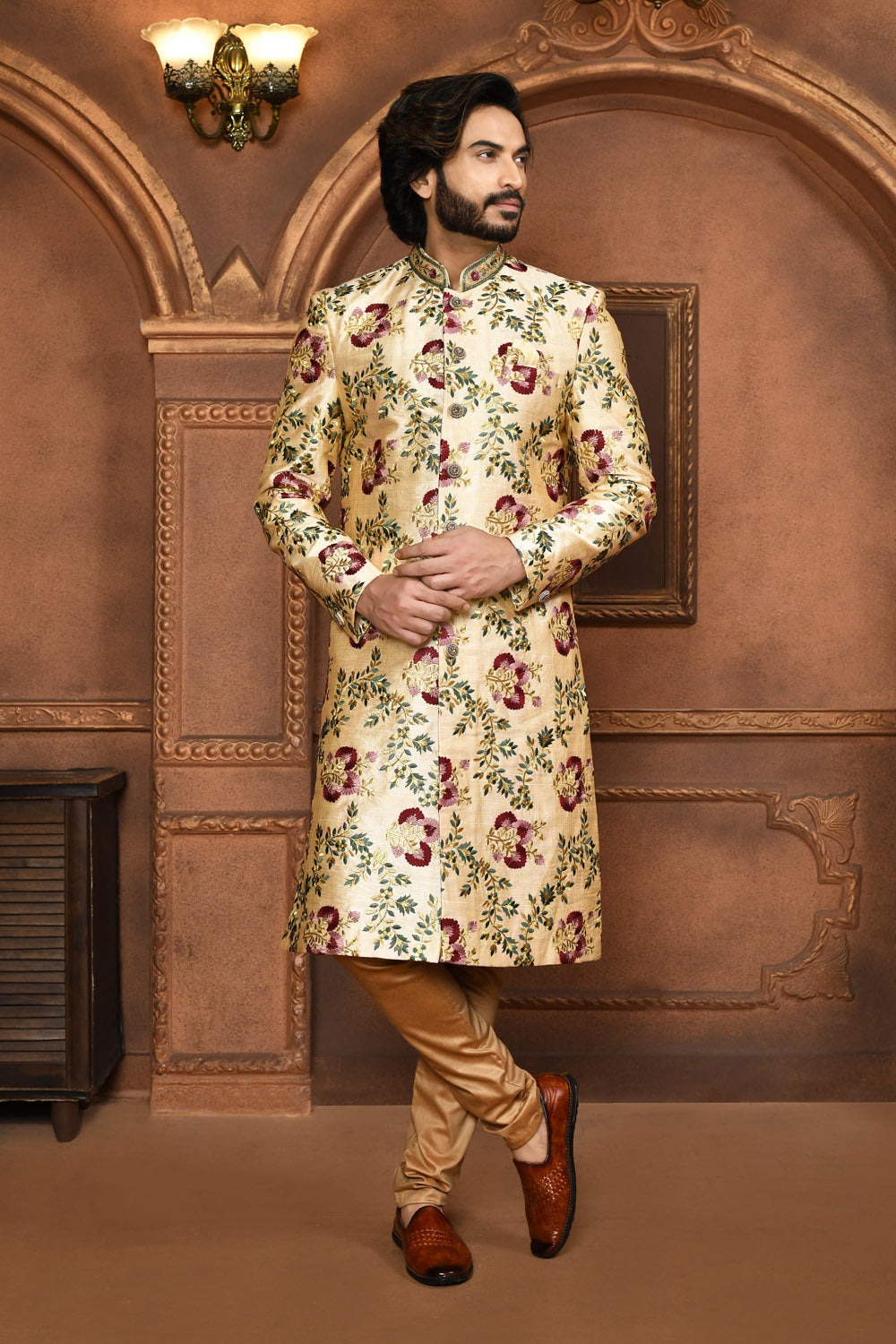 Multicolour Colour Art Silk Fabric With Embroidered Sherwani