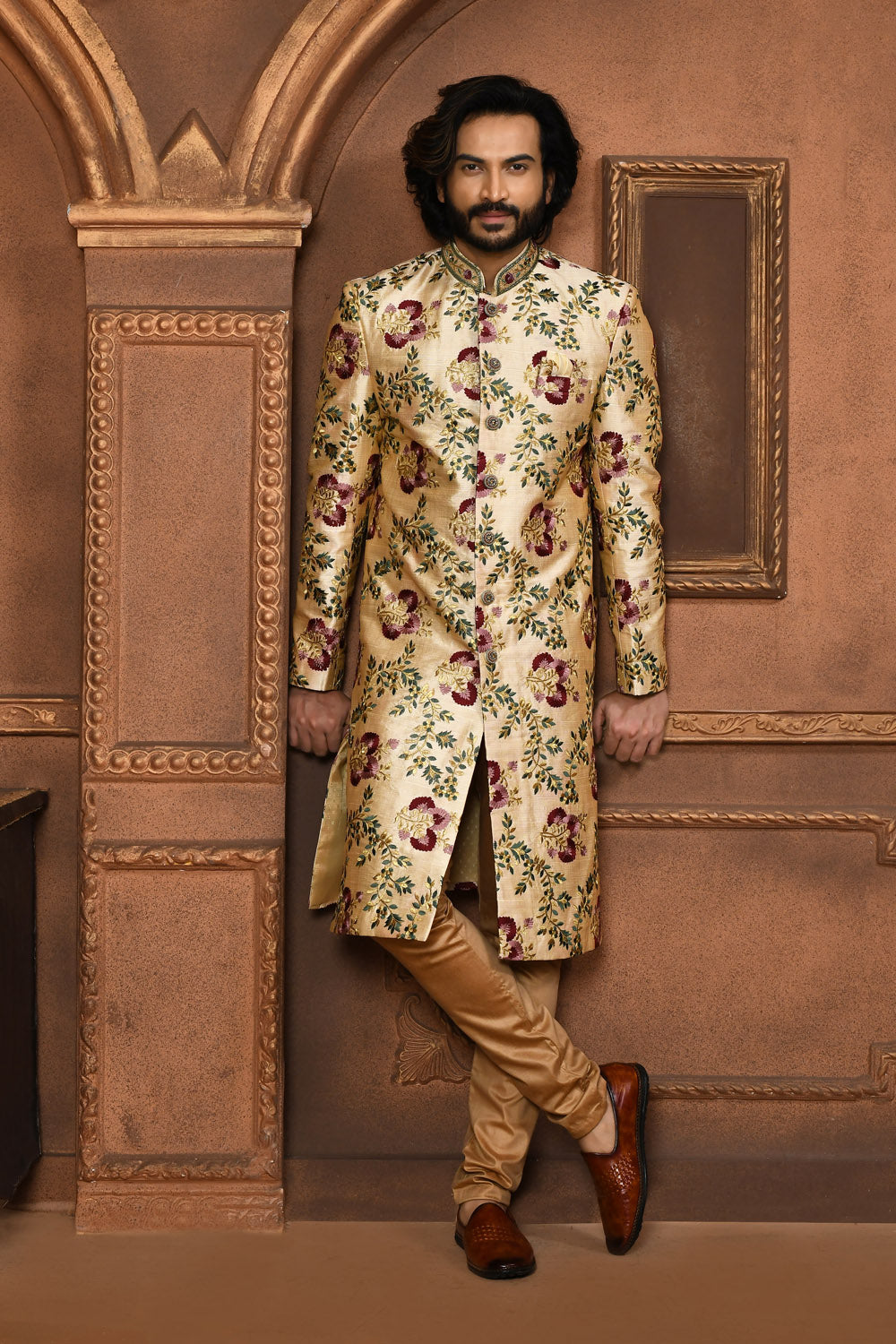 Multicolour Colour Art Silk Fabric With Embroidered Sherwani