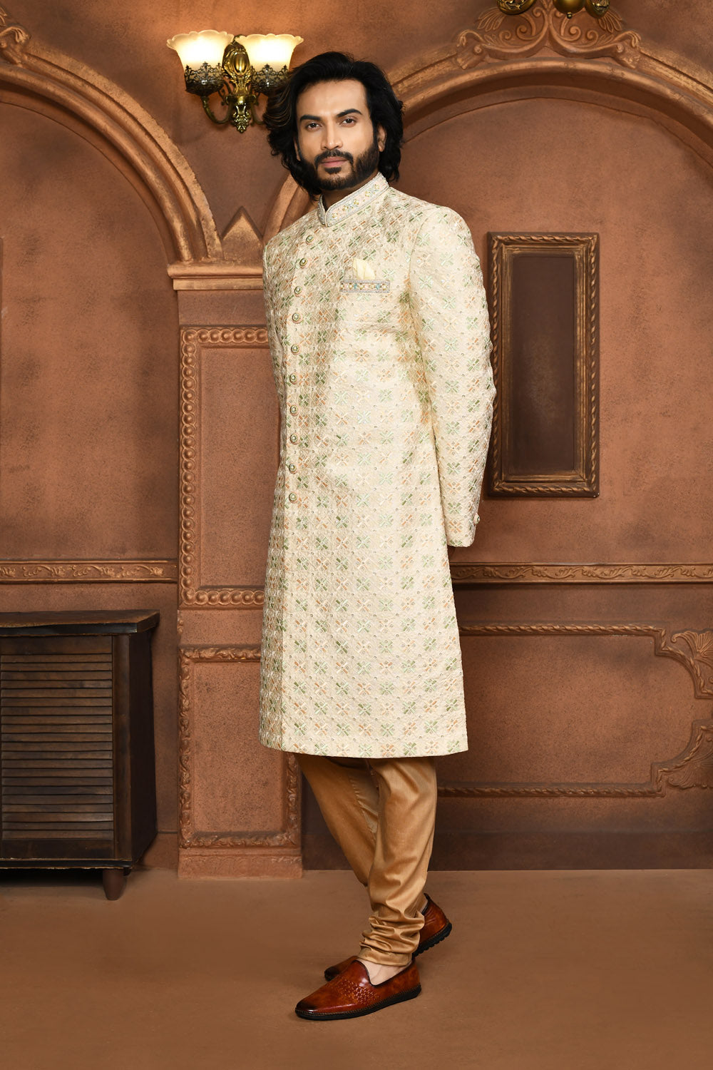 Beige Colour Art Silk Fabric With Embroidered Sherwani