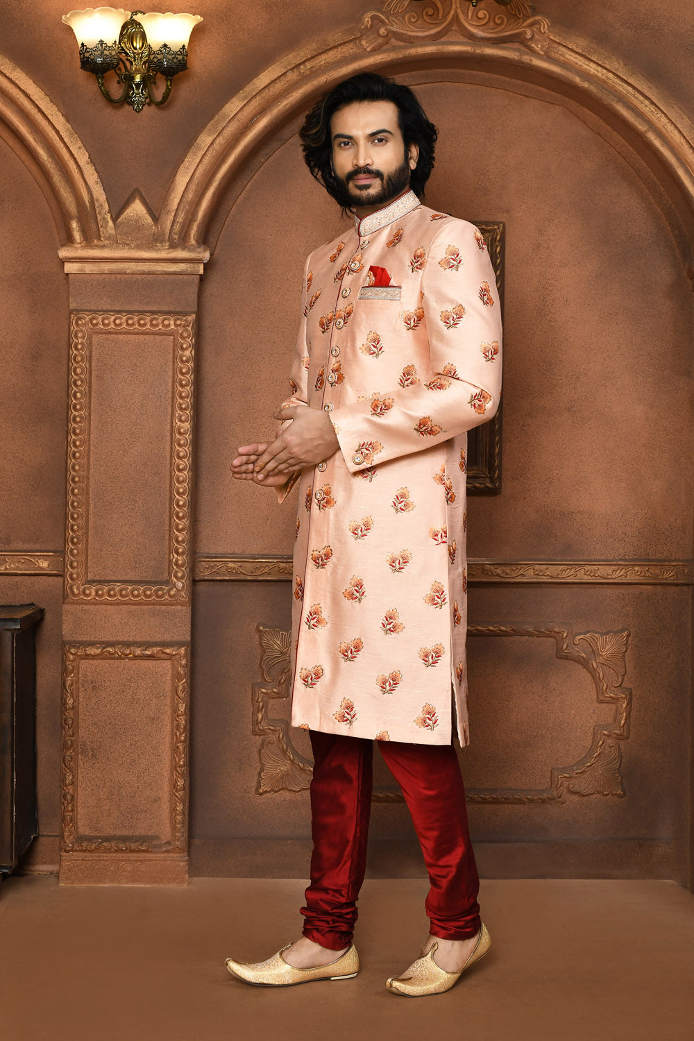 Peach Colour Art Silk Fabric With Embroidered Sherwani