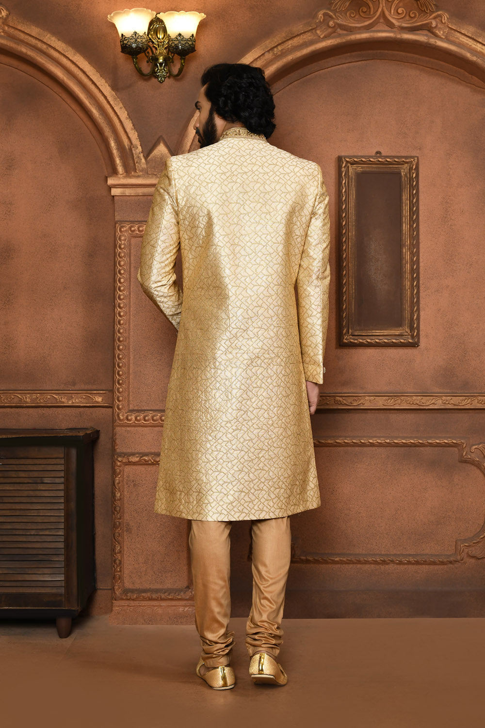 Beige Colour Art Silk Fabric With Embroidered Sherwani