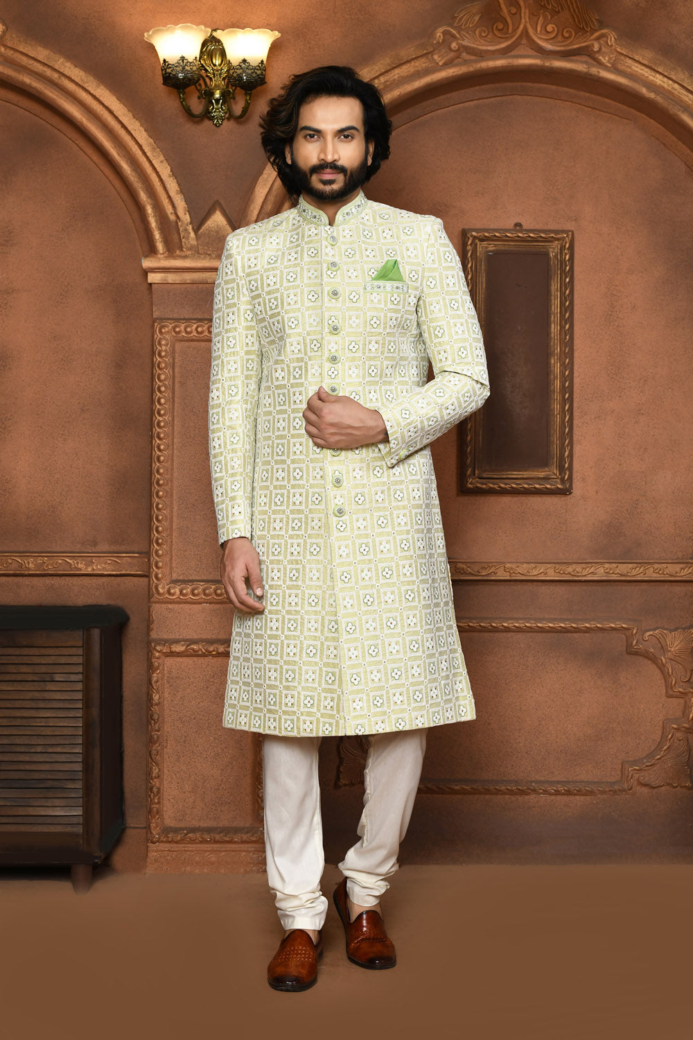 Pastel Colour Art Silk Fabric With Embroidered Sherwani