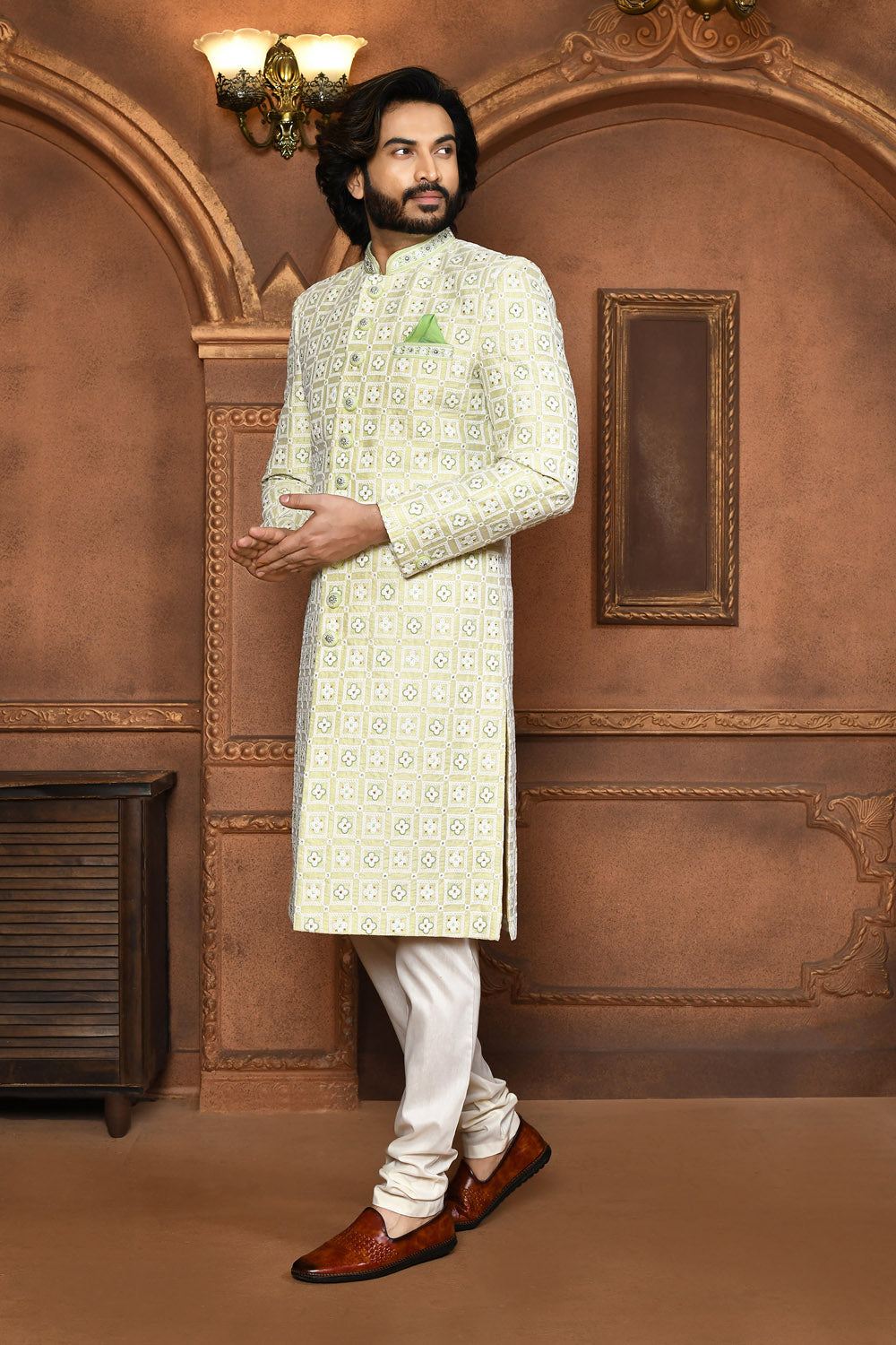 Pastel Colour Art Silk Fabric With Embroidered Sherwani