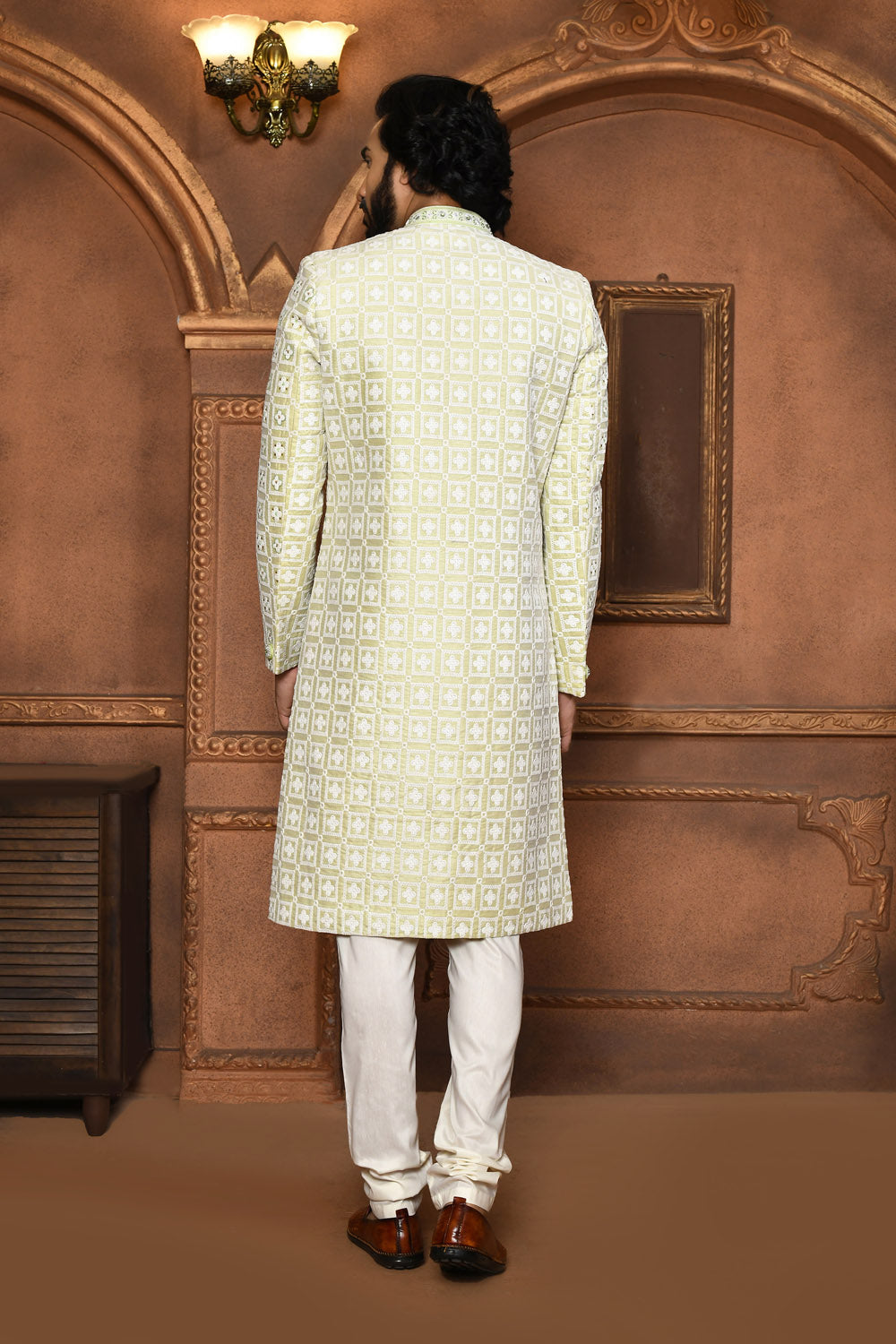 Pastel Colour Art Silk Fabric With Embroidered Sherwani