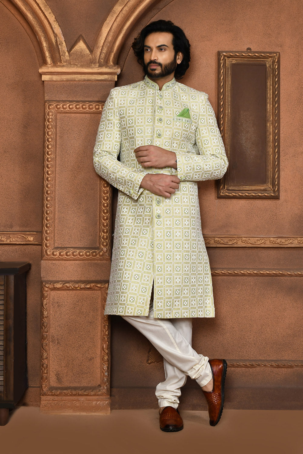 Pastel Colour Art Silk Fabric With Embroidered Sherwani