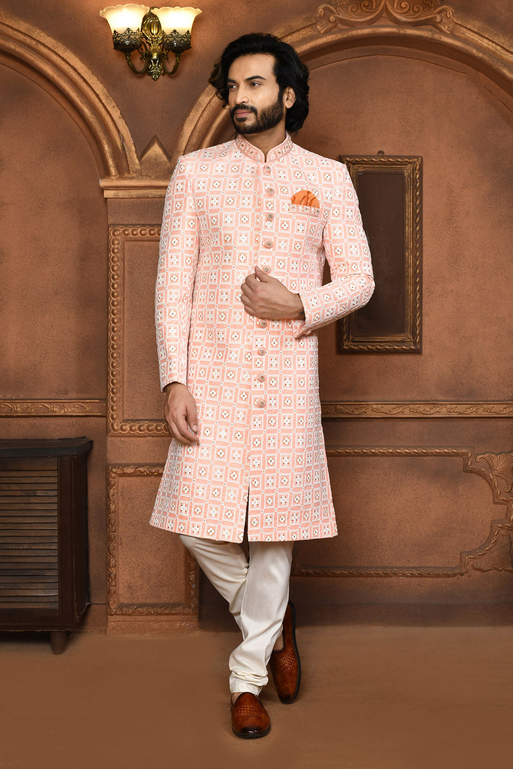 Peach Colour Art Silk Fabric With Embroidered Sherwani