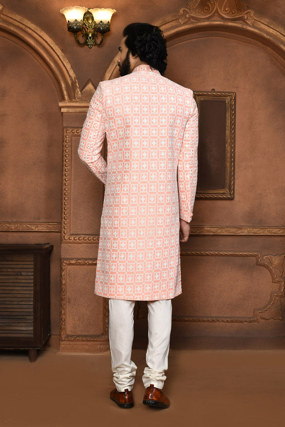 Peach Colour Art Silk Fabric With Embroidered Sherwani