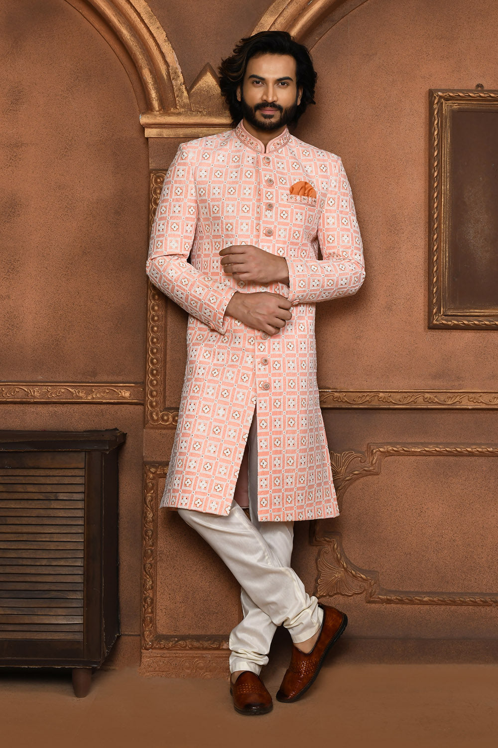 Peach Colour Art Silk Fabric With Embroidered Sherwani