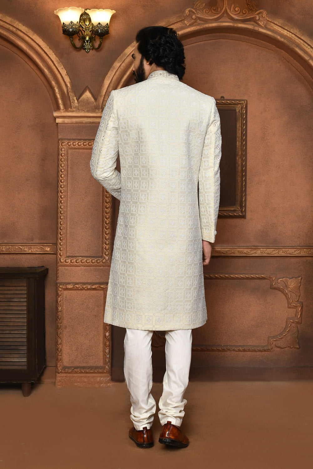 Off White Colour Art Silk Fabric With Embroidered Sherwani