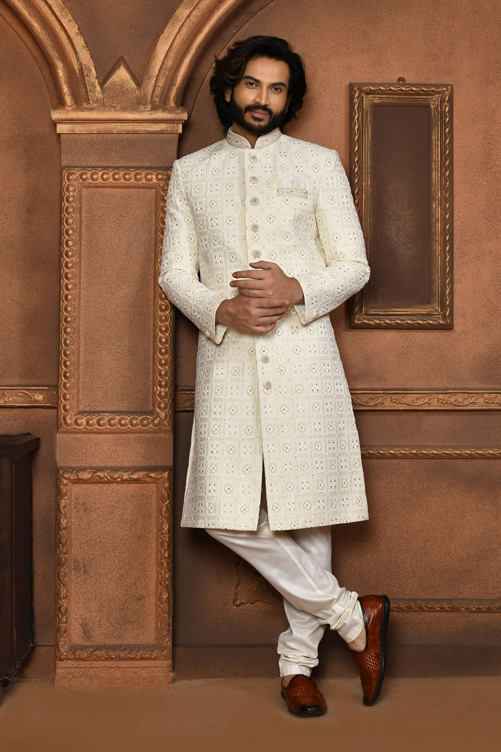 Off White Colour Art Silk Fabric With Embroidered Sherwani