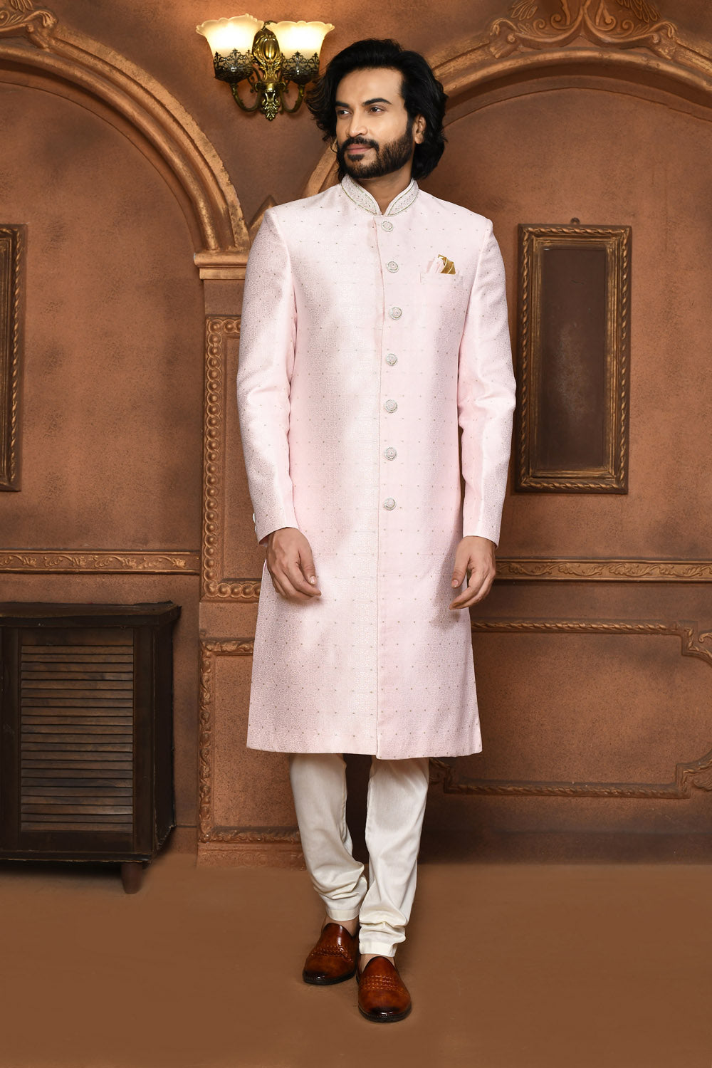 Pink Colour Art Silk Fabric With Embroidered Sherwani