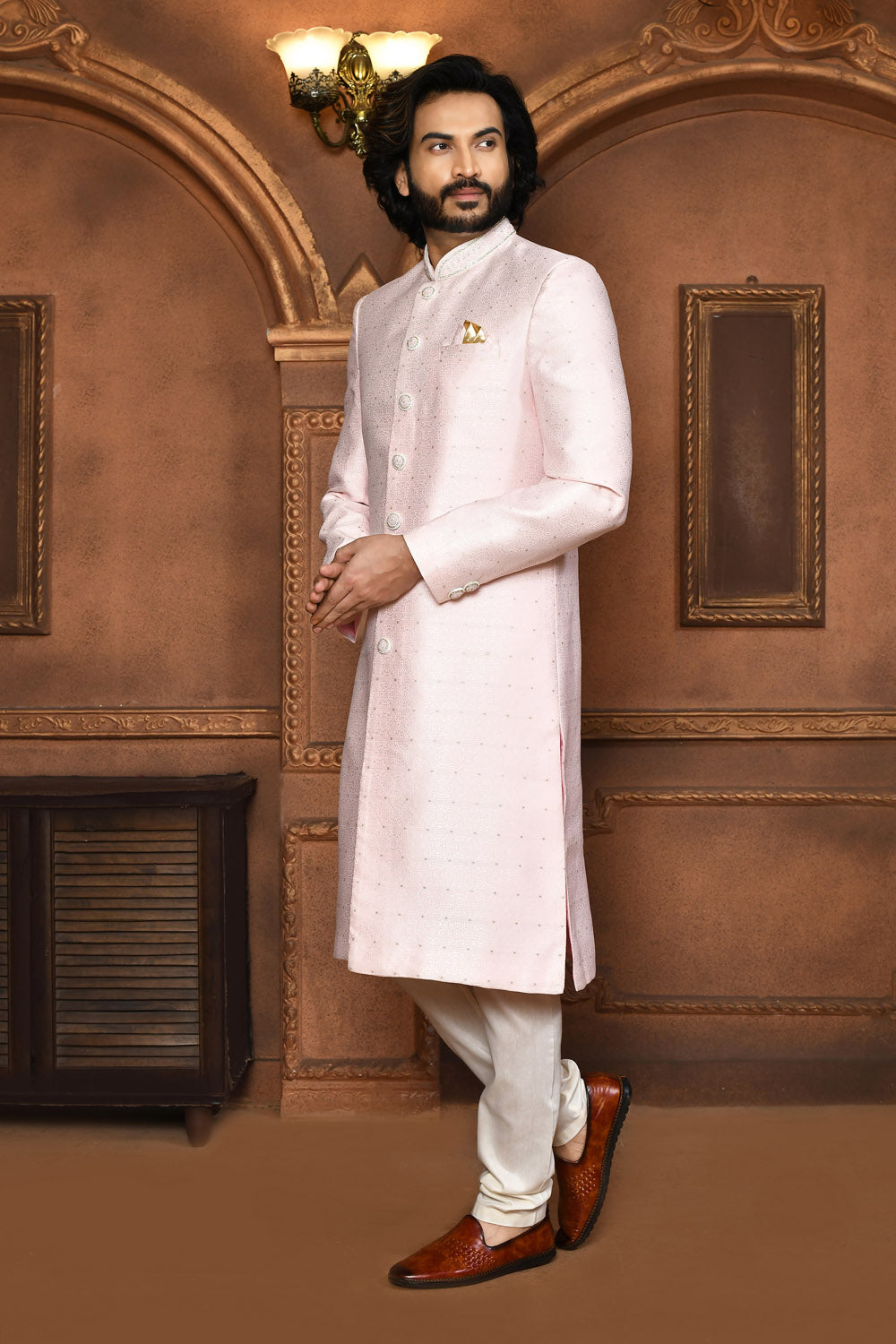 Pink Colour Art Silk Fabric With Embroidered Sherwani