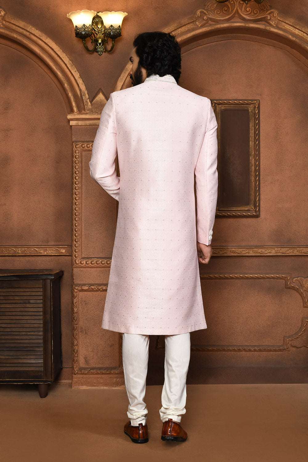 Pink Colour Art Silk Fabric With Embroidered Sherwani