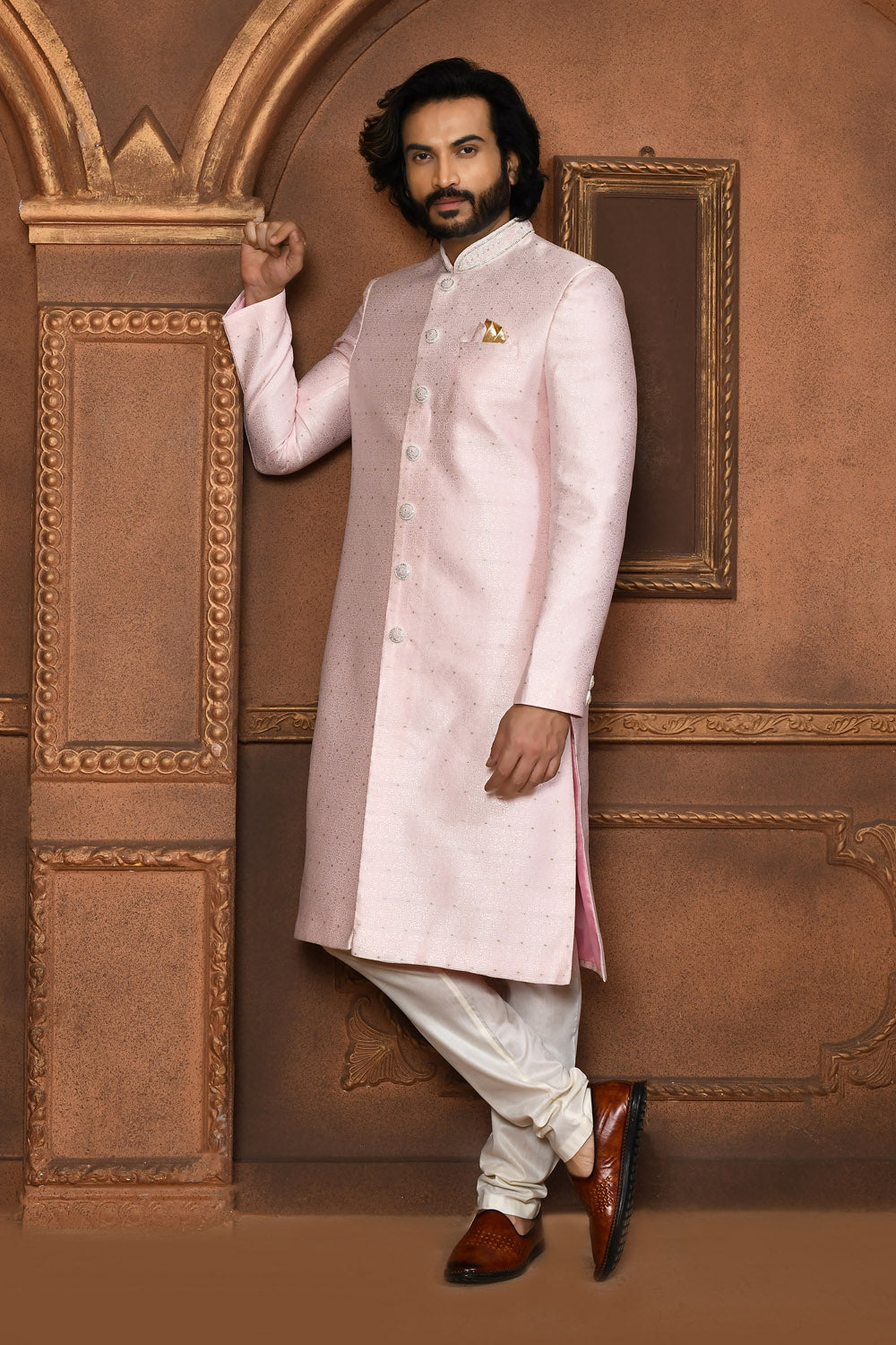 Pink Colour Art Silk Fabric With Embroidered Sherwani