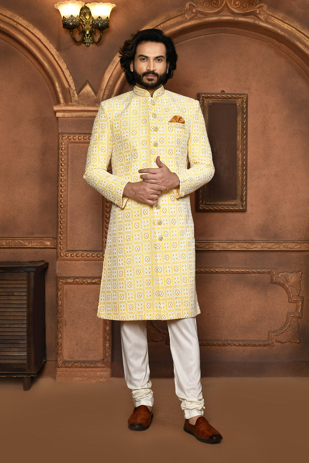 Yellow Colour Art Silk Fabric With Embroidered Sherwani