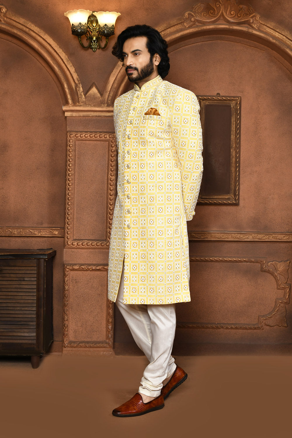 Yellow Colour Art Silk Fabric With Embroidered Sherwani