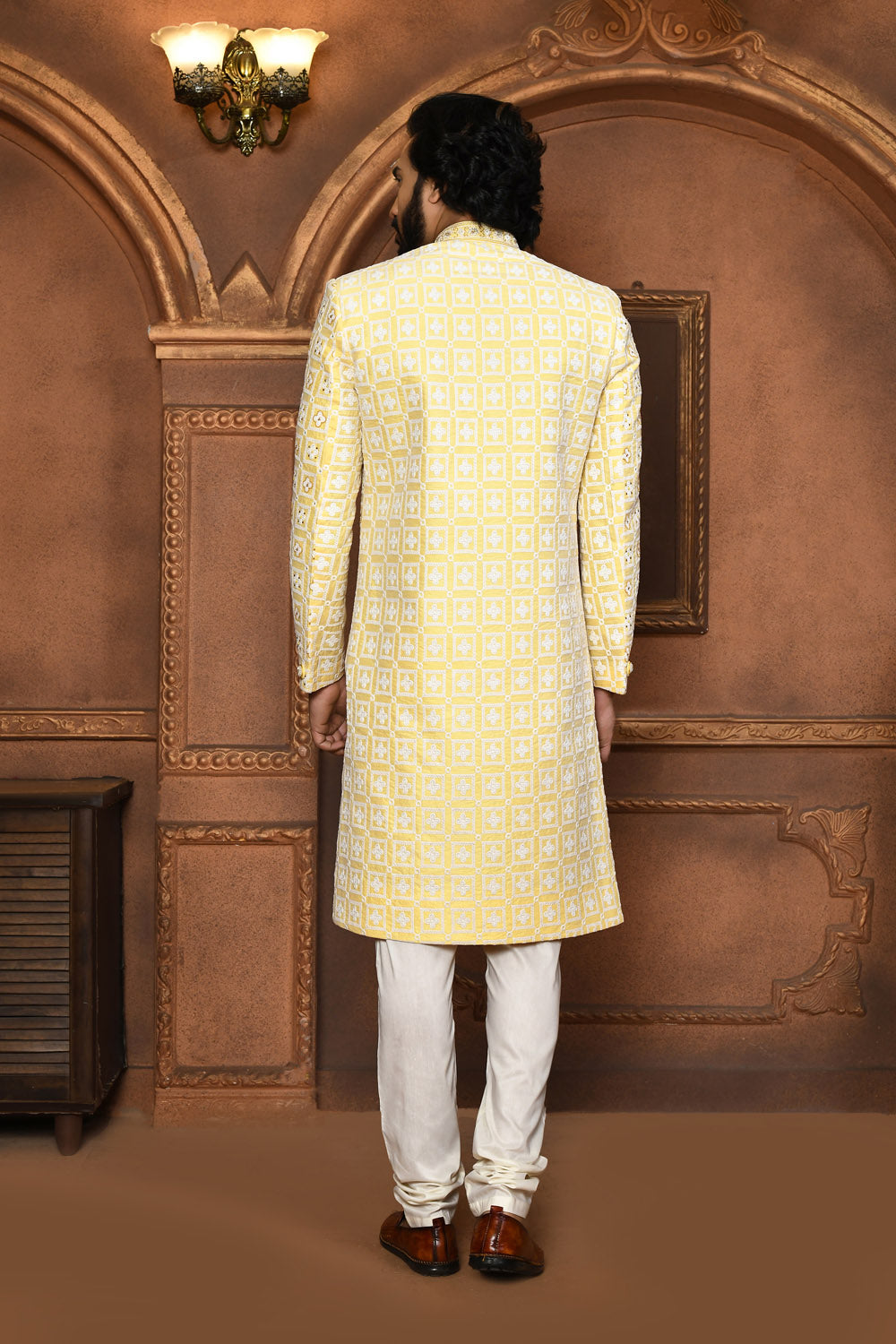 Yellow Colour Art Silk Fabric With Embroidered Sherwani