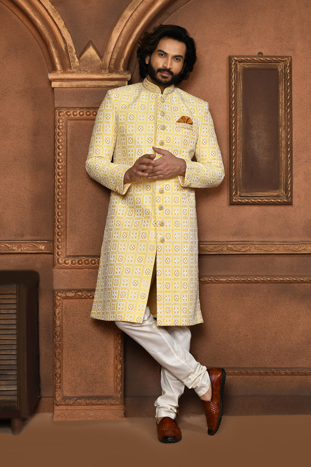 Yellow Colour Art Silk Fabric With Embroidered Sherwani