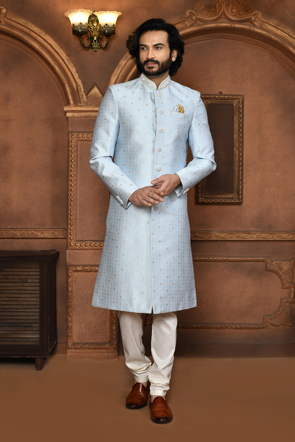 Silver Colour Art Silk Fabric With Embroidered Sherwani