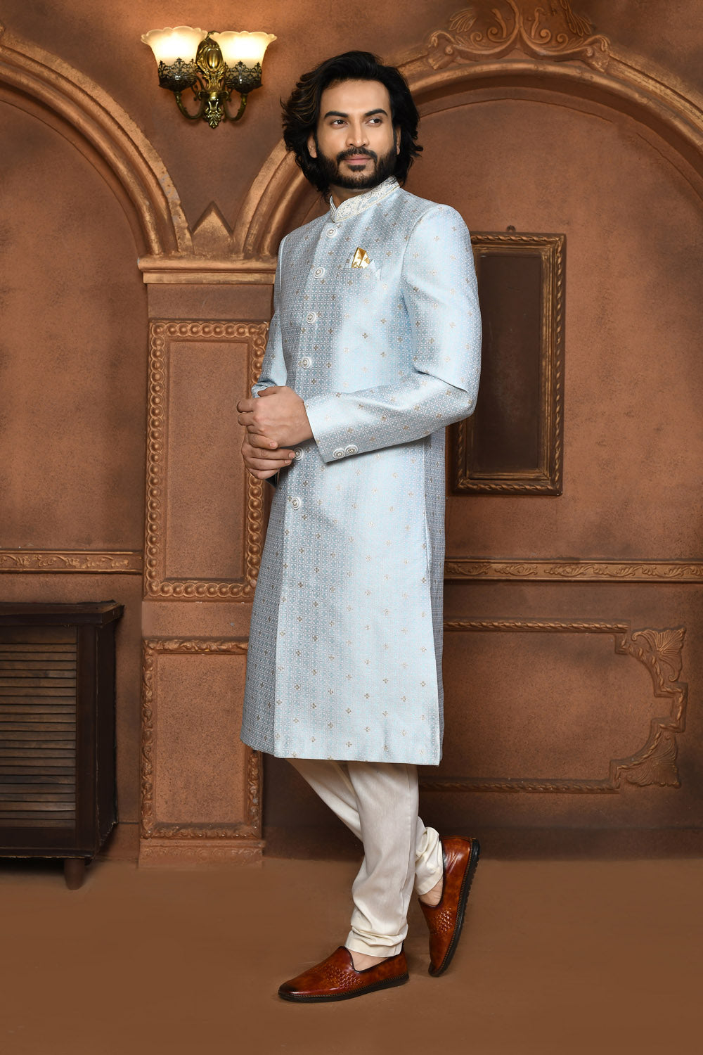 Silver Colour Art Silk Fabric With Embroidered Sherwani